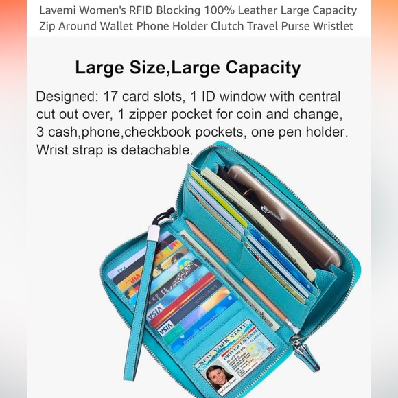 RFID Blocking Leather Zip Around Wallet Phone Holder Clutch Wristlet - Picture 9 of 11